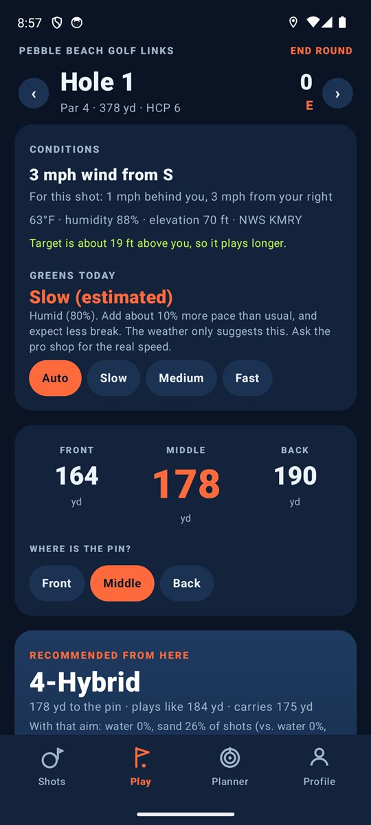 Swing Assist on-course distances and conditions